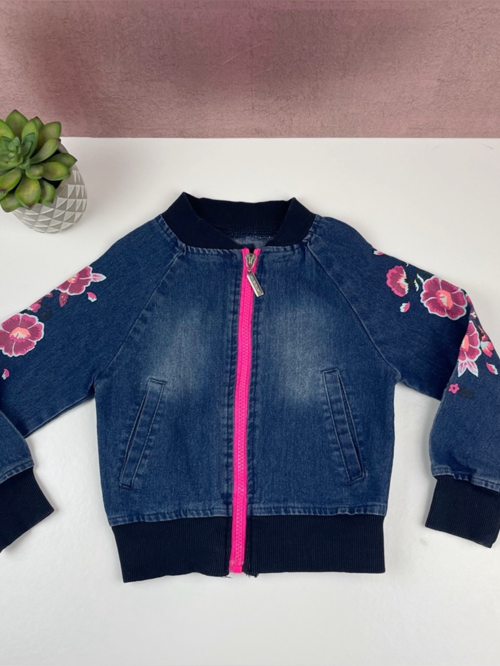 Limited Too Blue Denim Full Zip Pink Floral Jean Jacket Girl 4 Small Casual
